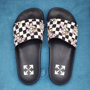 Off White 38  Checkerboard Floral Slides Sandal